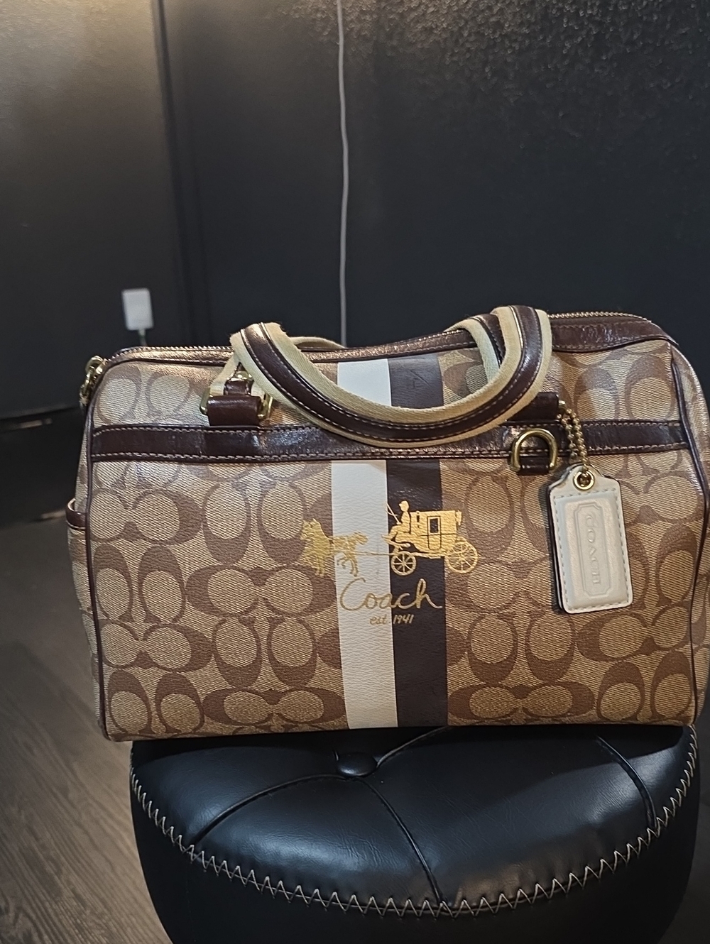 Coach Brown Signature Stripe Satchel with Cream and Dark Brown Bag & Wallet